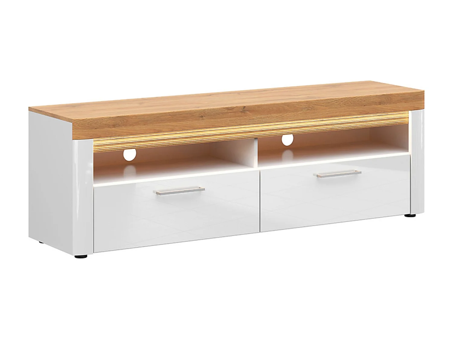 Ensemble de salon composé de Meuble TV , étagère murale et Vitrine avec éclairage LED,coloris Blanc/Blanc haute brillance