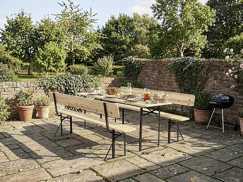 Salon de jardin set brasserie en bois avec dossier "Lisbonne" - 220 cm - Marron