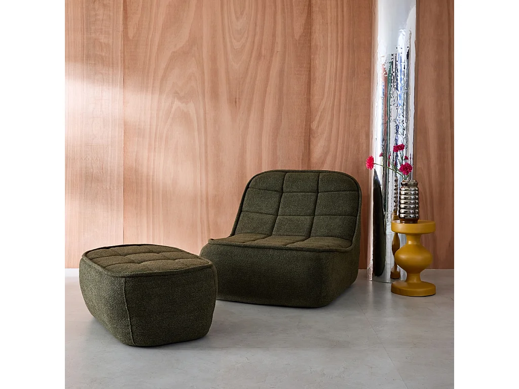 Chauffeuse bouclette texturée 1 place + repose pieds kaki L 93 x P 104 x H 85cm - Boni