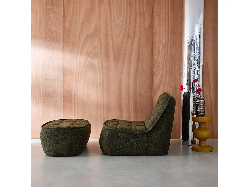 Chauffeuse bouclette texturée 1 place + repose pieds kaki L 93 x P 104 x H 85cm - Boni