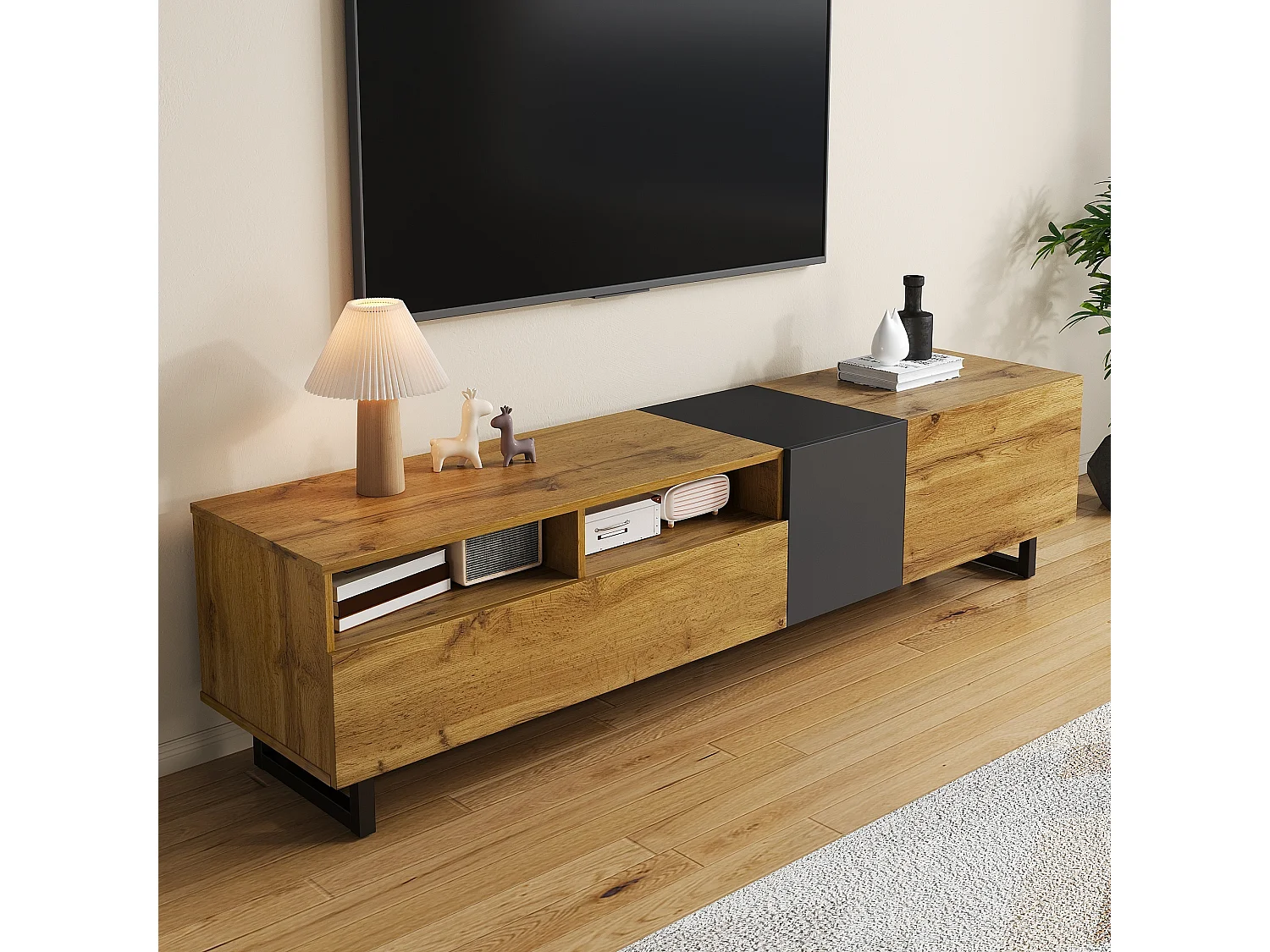 URBAN MEUBLE Meuble TV moderne aux couleurs contrastées avec grain de bois et gris 170 cm
