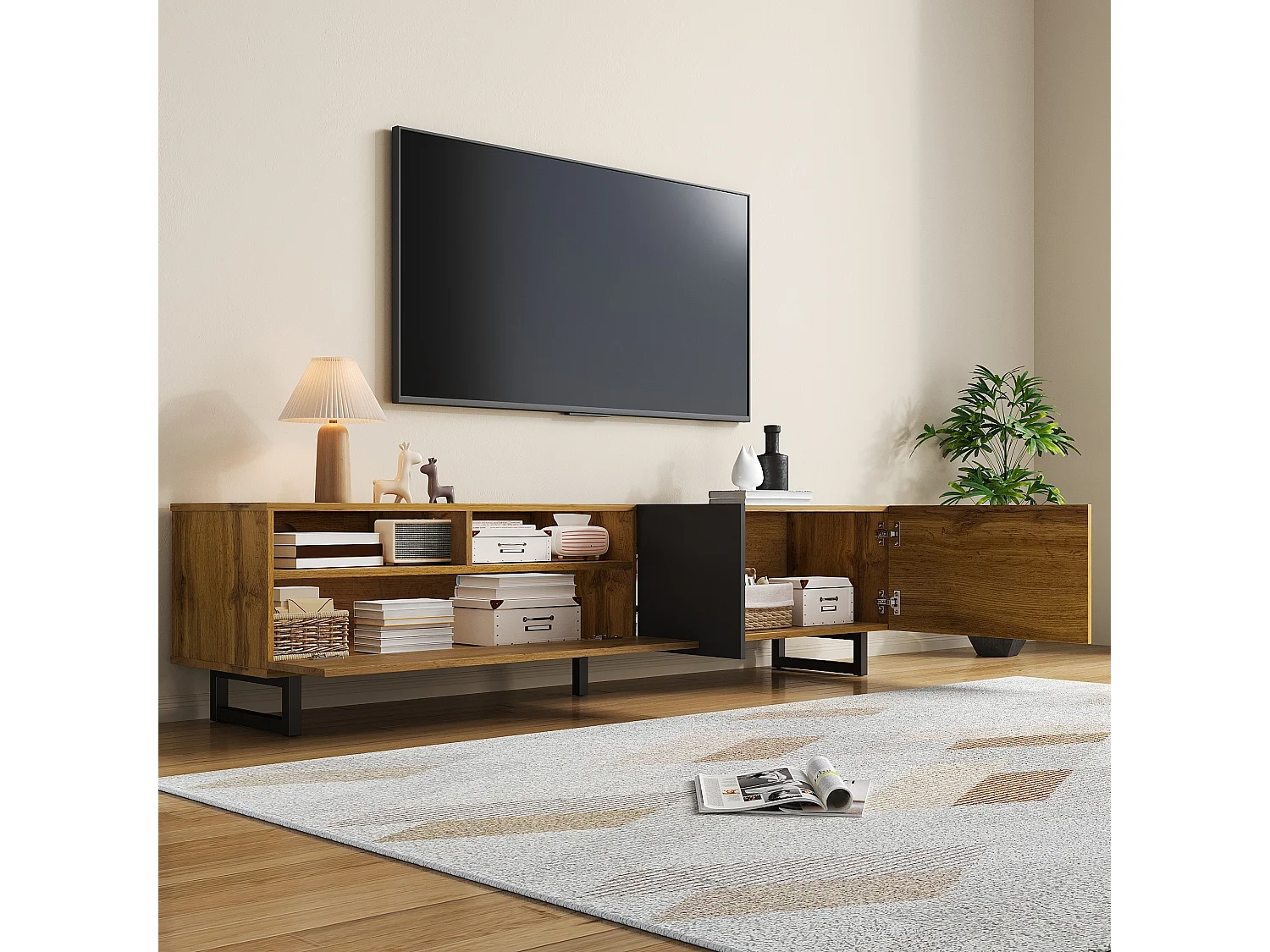 URBAN MEUBLE Meuble TV moderne aux couleurs contrastées avec grain de bois et gris 170 cm