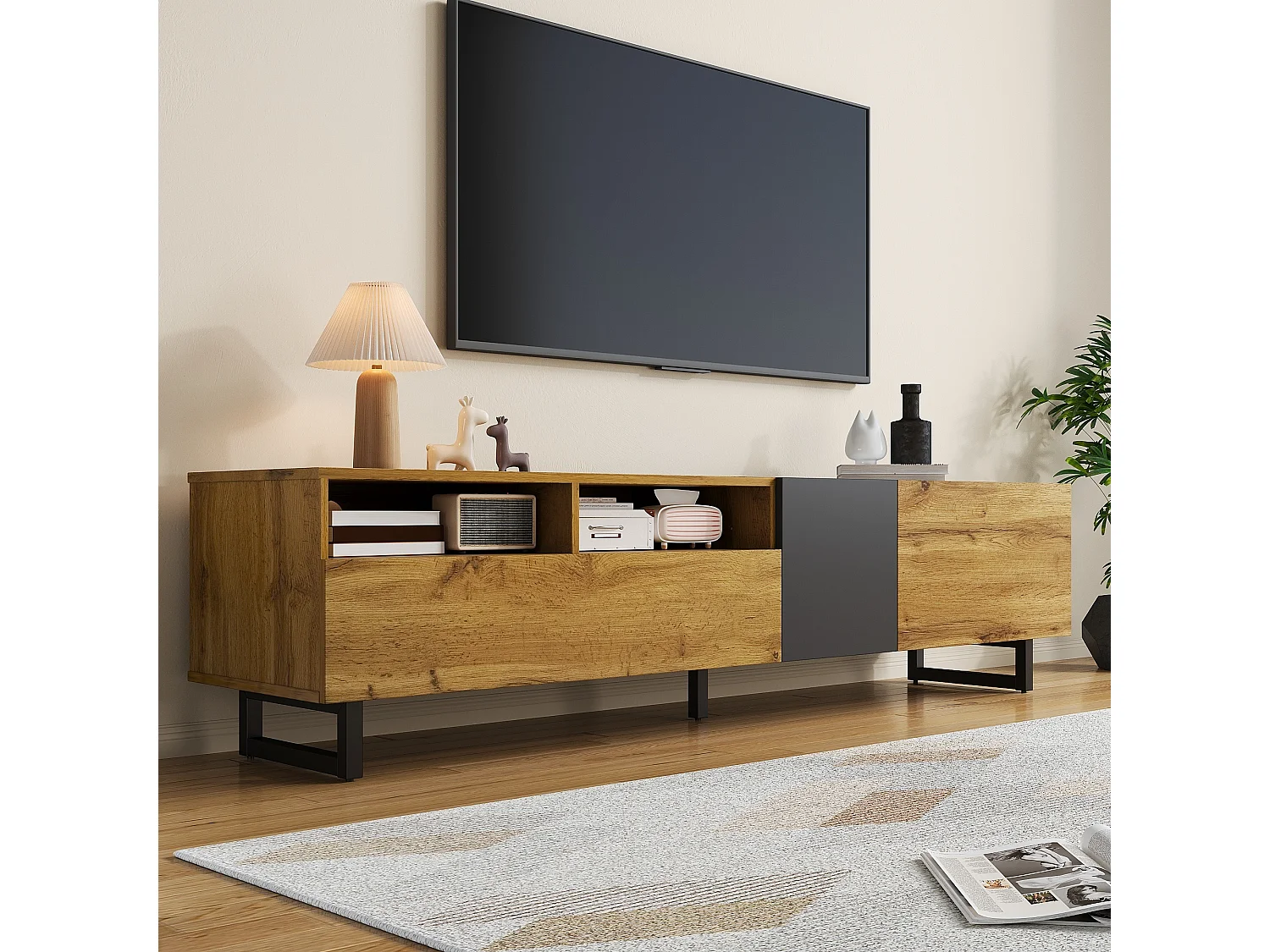 URBAN MEUBLE Meuble TV moderne aux couleurs contrastées avec grain de bois et gris 170 cm