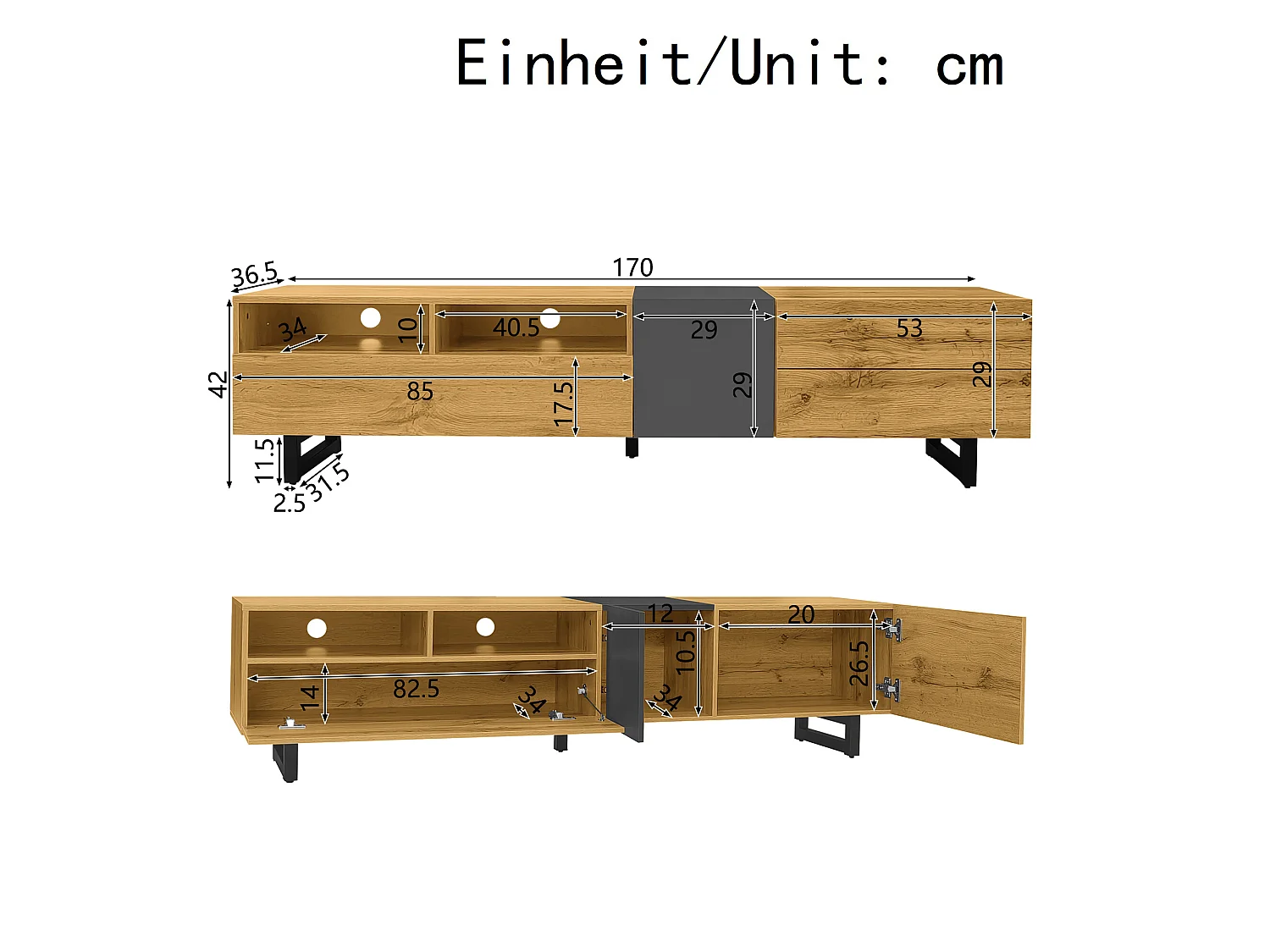 URBAN MEUBLE Meuble TV moderne aux couleurs contrastées avec grain de bois et gris 170 cm