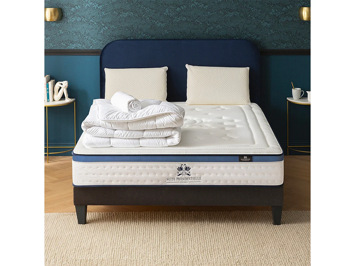 SUITE ETOILEE | Pack Prêt à dormir SUITE PRESIDENTIELLE 140x190 cm | Matelas Mémoire de forme + Sommier + Accessoires
