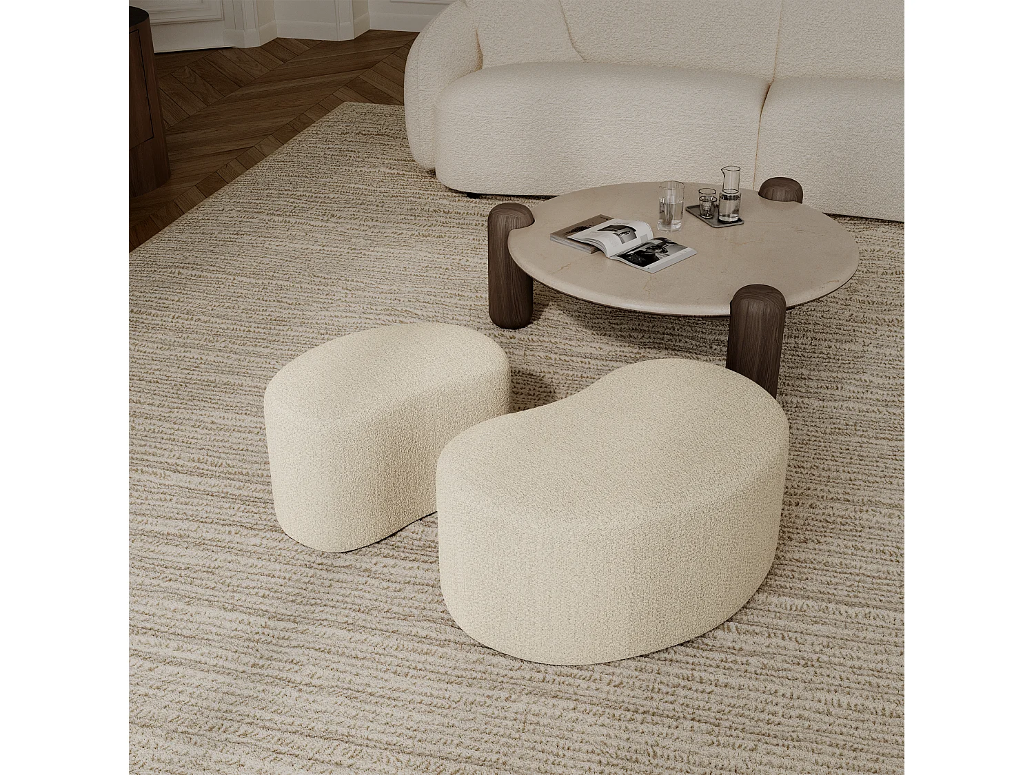 Pouf 60cm DUNE en tissu bouclette crème