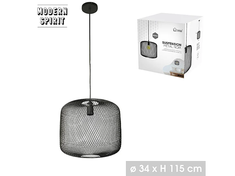 Suspension Protocole Home (Ø 40 cm) en métal ajouré noir mat, hauteur réglable 118 cm, douille E27.