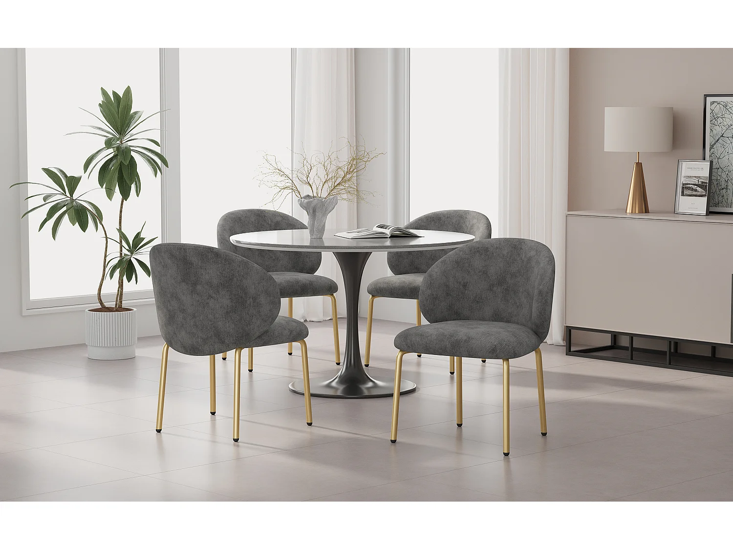 4er-Set Esszimmerstühle – 47,5 x 56 x 74 cm – Schminktischstuhl – goldfarbene Beine – Chenille – grau