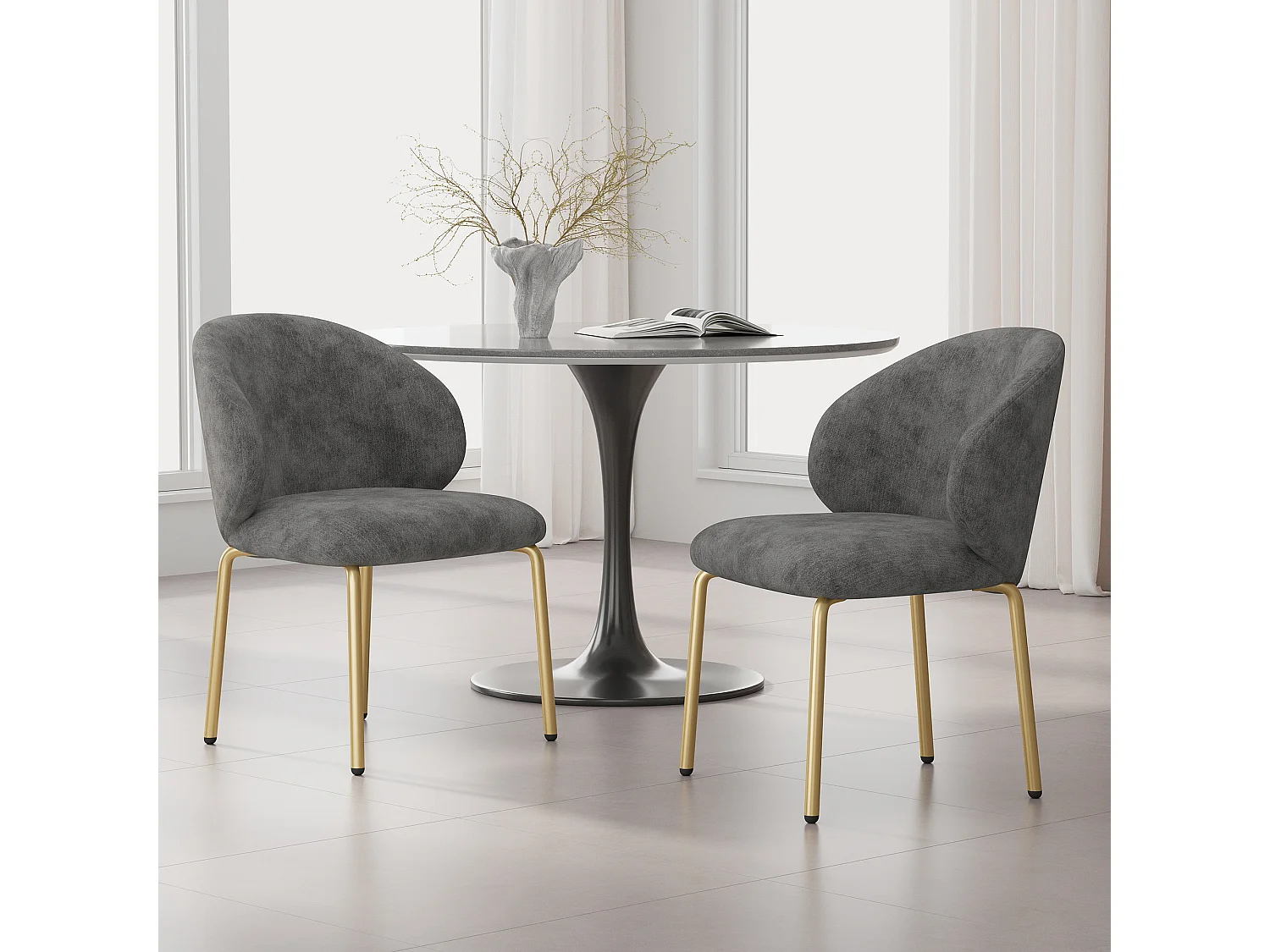 2er-Set Esszimmerstühle – 47,5 x 56 x 74 cm – Schminktischstuhl – goldfarbene Beine – Chenille – grau