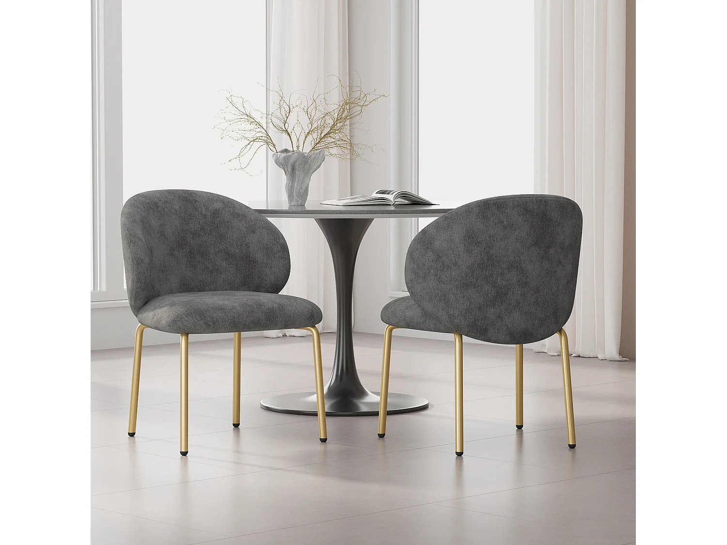 2er-Set Esszimmerstühle – 47,5 x 56 x 74 cm – Schminktischstuhl – goldfarbene Beine – Chenille – grau