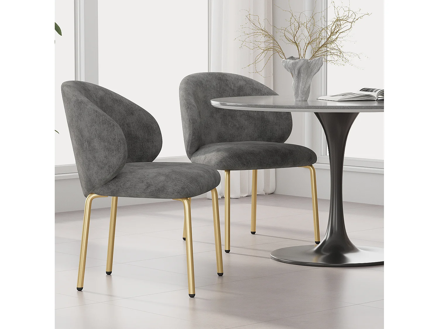 2er-Set Esszimmerstühle – 47,5 x 56 x 74 cm – Schminktischstuhl – goldfarbene Beine – Chenille – grau