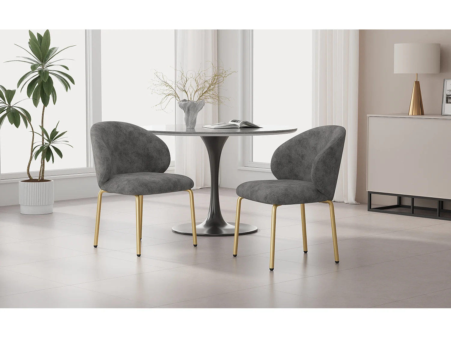 2er-Set Esszimmerstühle – 47,5 x 56 x 74 cm – Schminktischstuhl – goldfarbene Beine – Chenille – grau