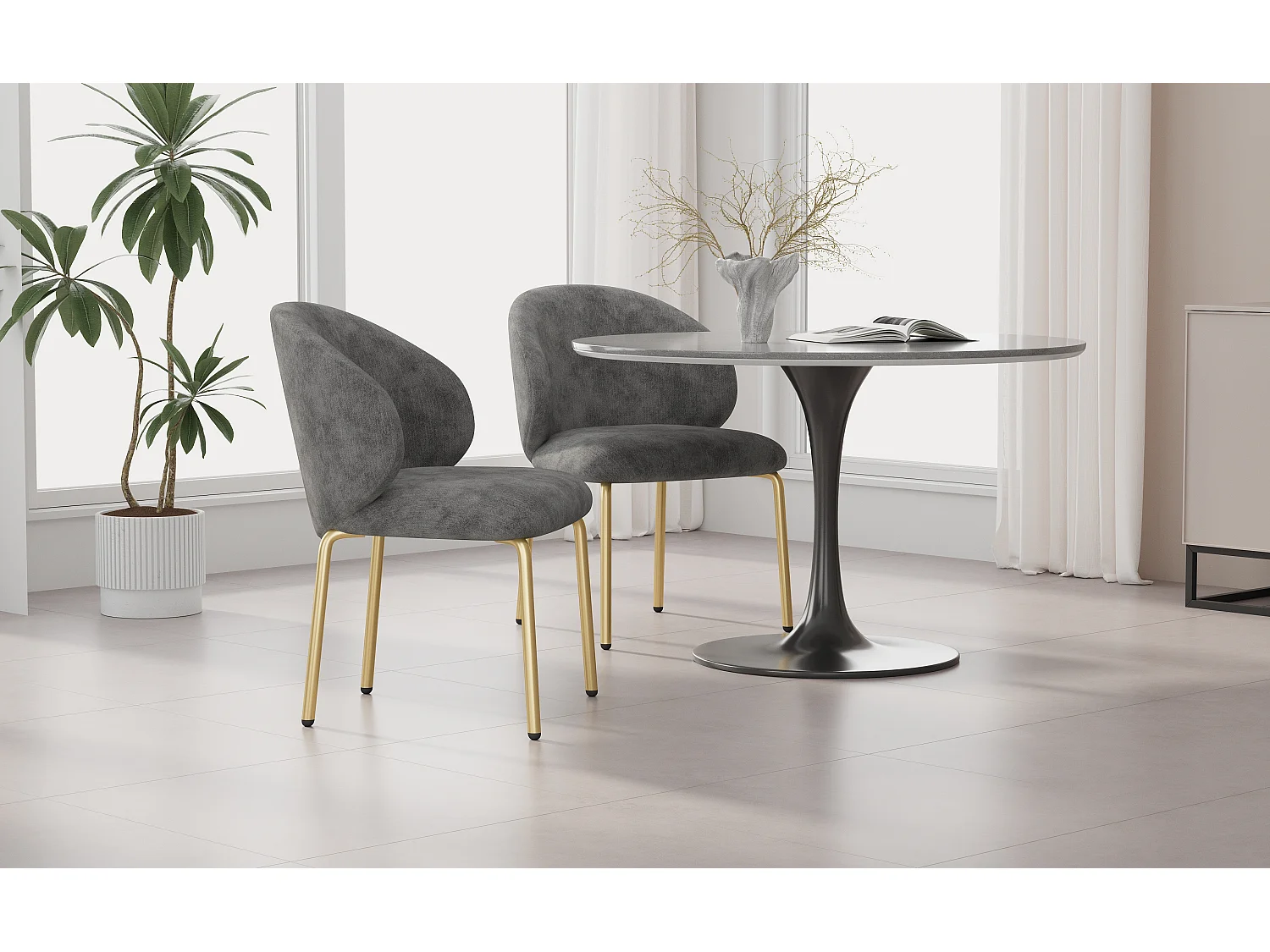 2er-Set Esszimmerstühle – 47,5 x 56 x 74 cm – Schminktischstuhl – goldfarbene Beine – Chenille – grau