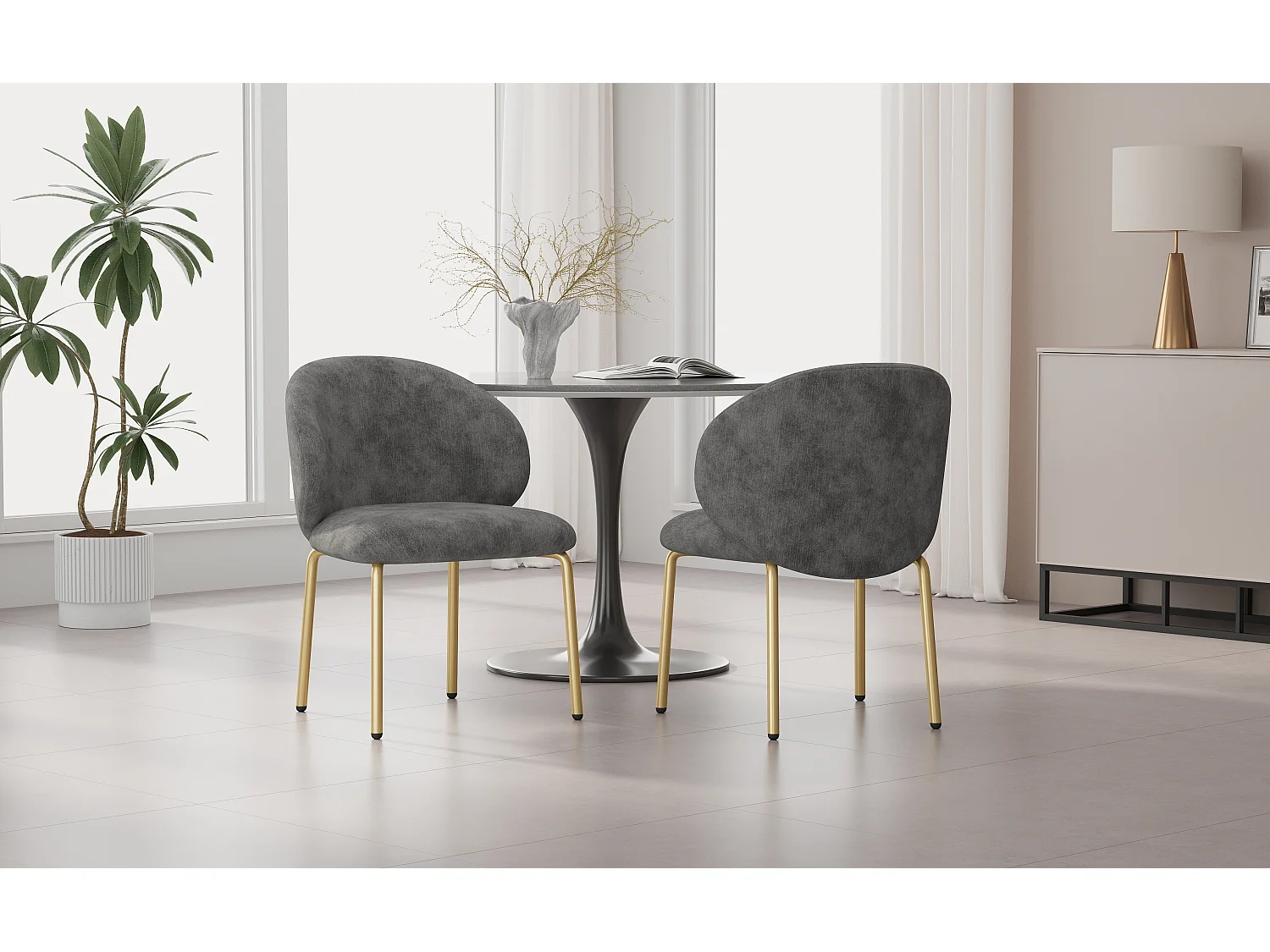 2er-Set Esszimmerstühle – 47,5 x 56 x 74 cm – Schminktischstuhl – goldfarbene Beine – Chenille – grau