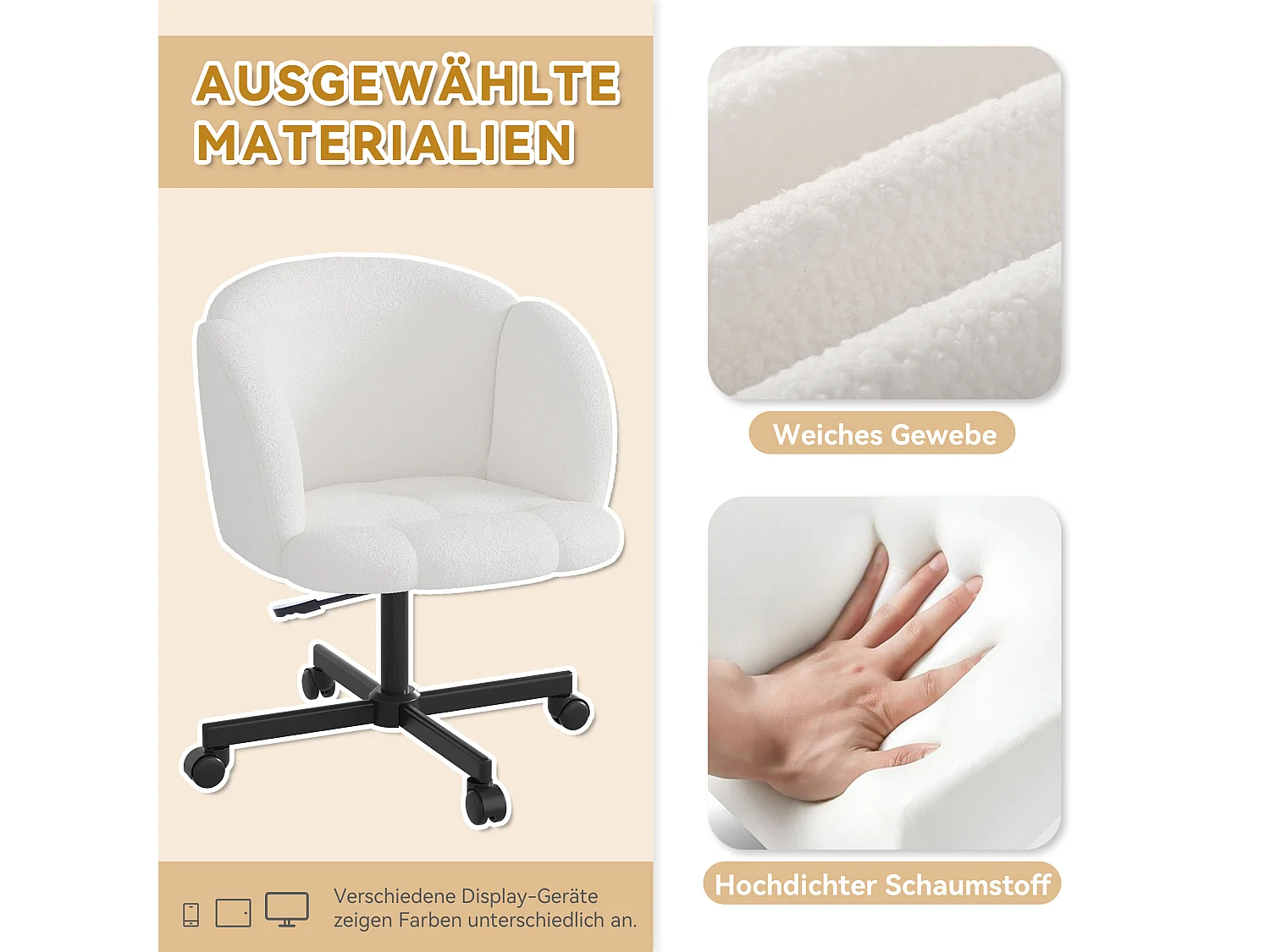 Chaise pivotante/chaise de bureau/chaise d'ordinateur - 66 x 64 x 87 cm - pivotante à 360° - velours - beige