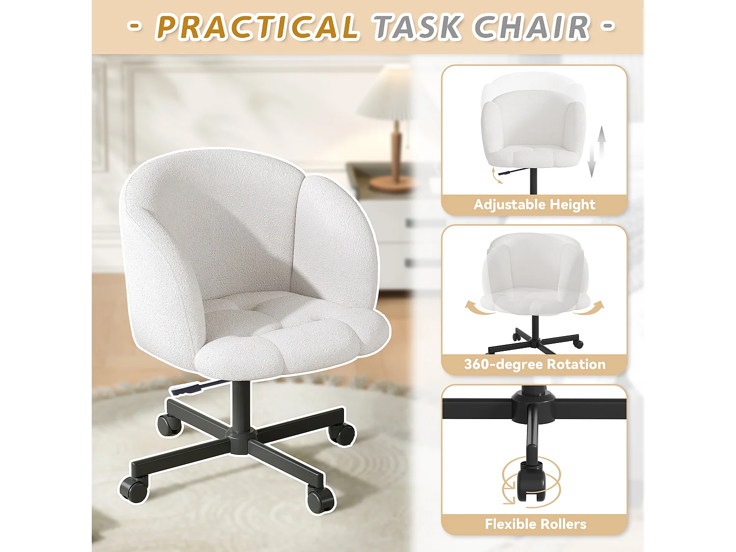 Chaise pivotante/chaise de bureau/chaise d'ordinateur - 66 x 64 x 87 cm - pivotante à 360° - velours - beige