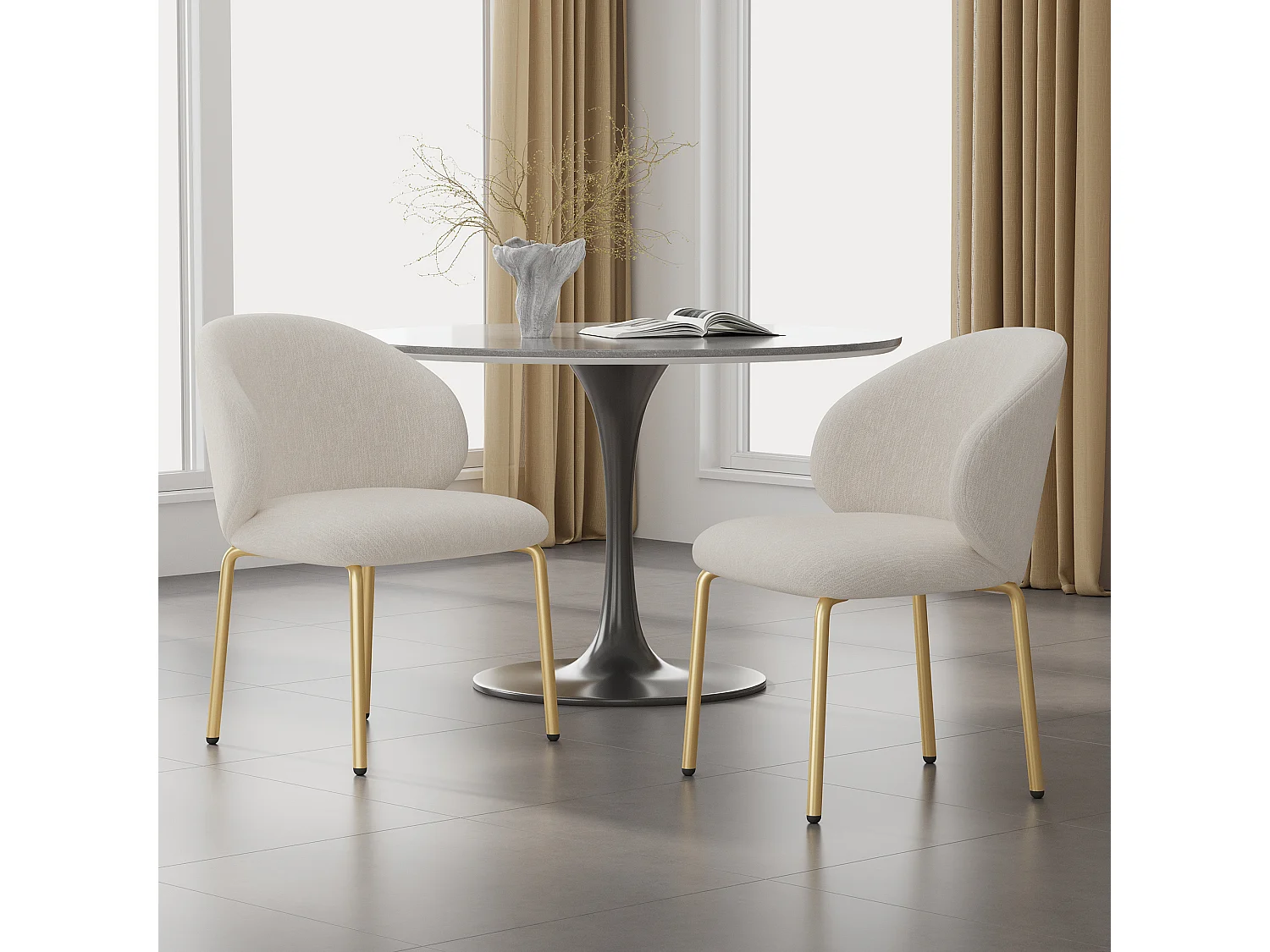 Set van 2 eetkamerstoelen - 47,5 x 56 x 74 cm - kaptafelstoel - gouden poten - chenille - beige