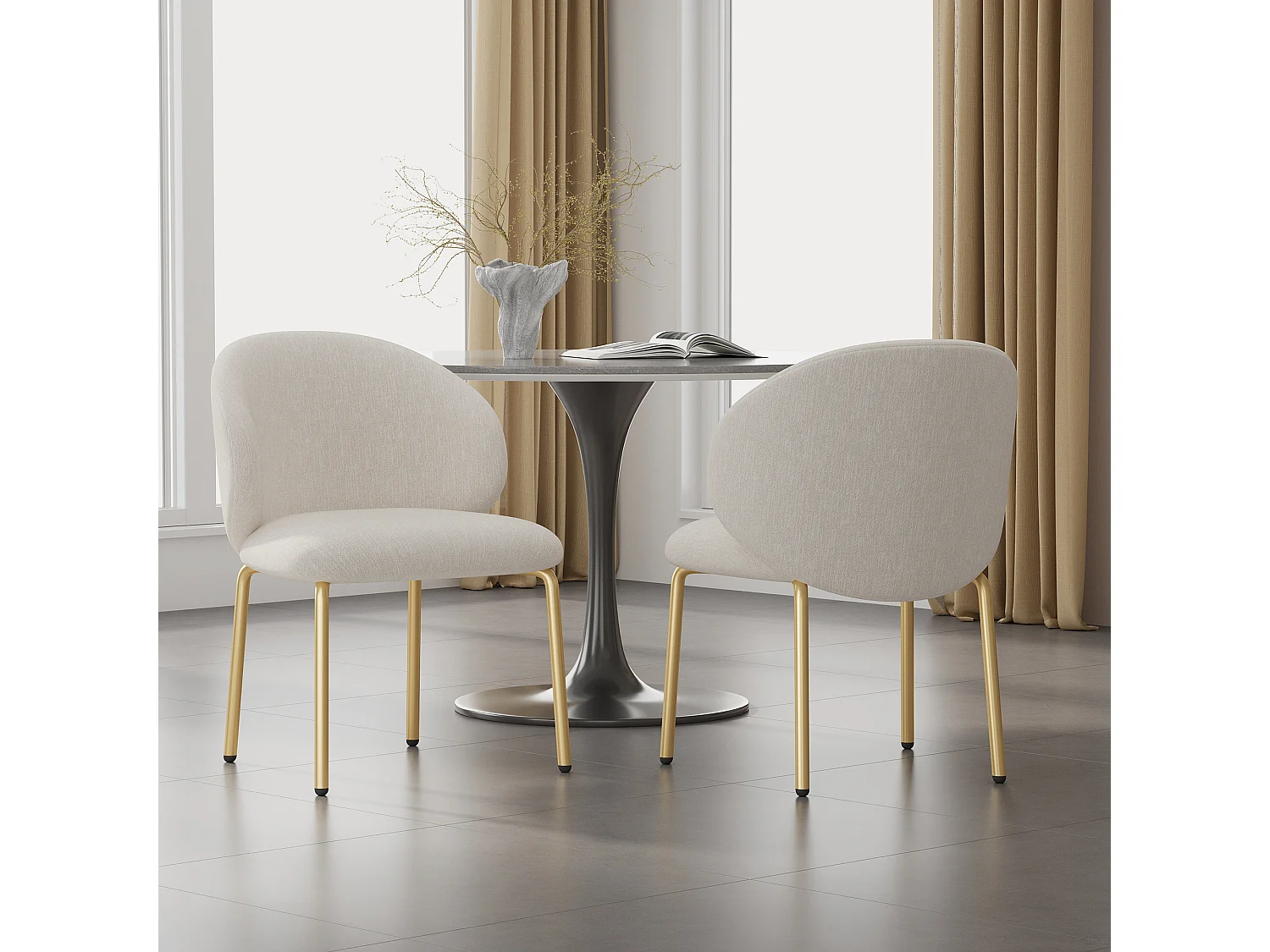 Set van 2 eetkamerstoelen - 47,5 x 56 x 74 cm - kaptafelstoel - gouden poten - chenille - beige