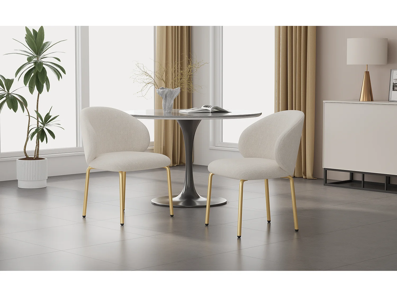 Set van 2 eetkamerstoelen - 47,5 x 56 x 74 cm - kaptafelstoel - gouden poten - chenille - beige