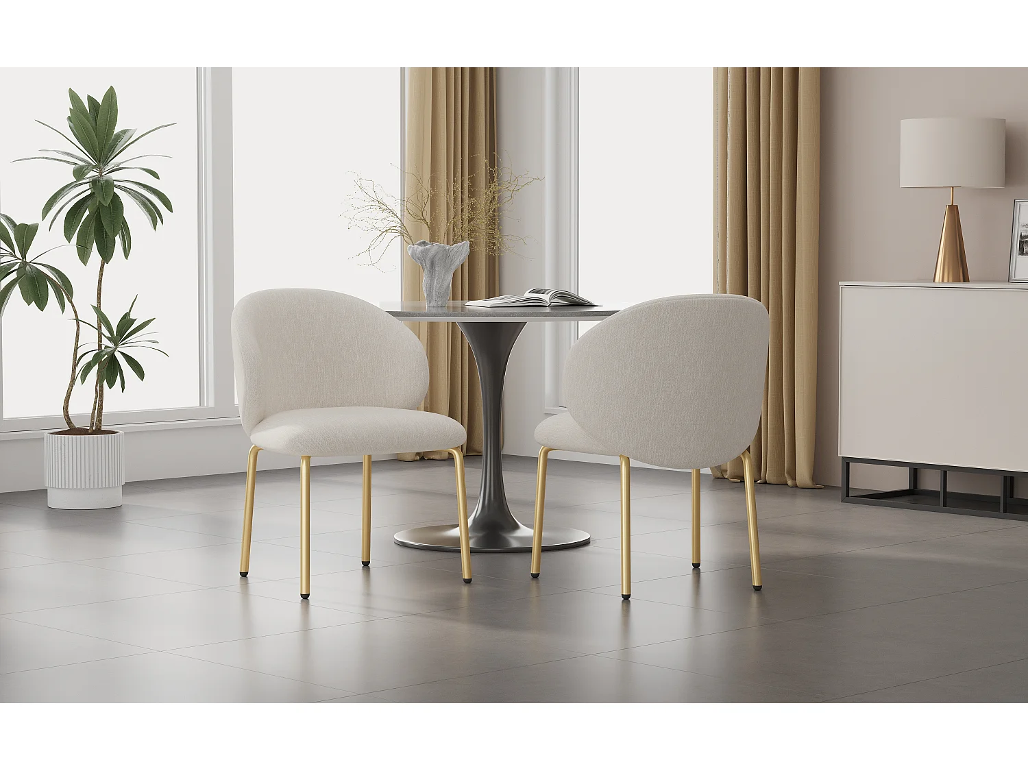 Set van 2 eetkamerstoelen - 47,5 x 56 x 74 cm - kaptafelstoel - gouden poten - chenille - beige