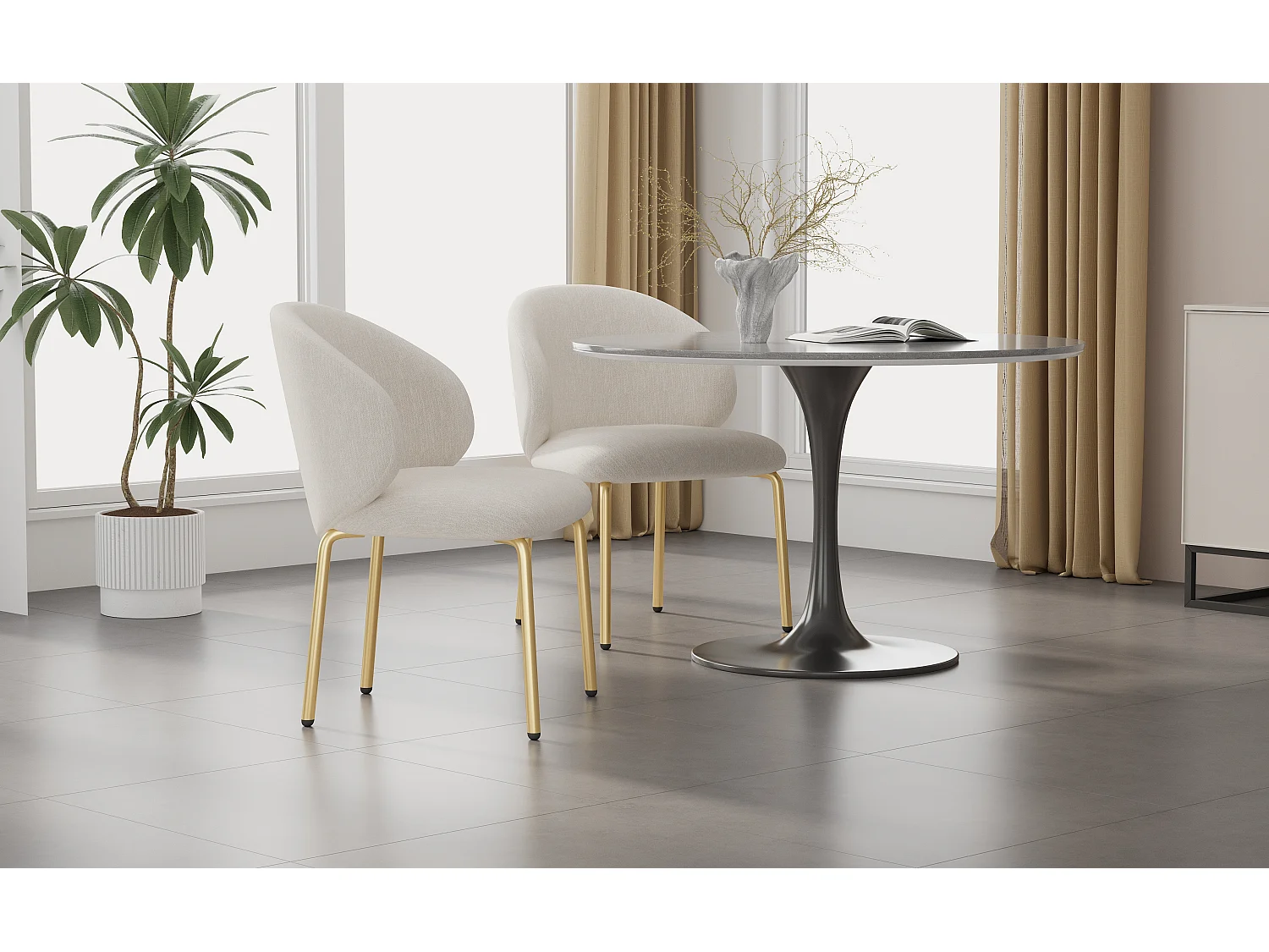 Set van 2 eetkamerstoelen - 47,5 x 56 x 74 cm - kaptafelstoel - gouden poten - chenille - beige