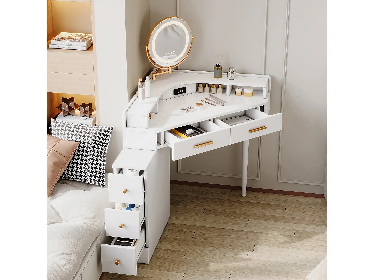 Moderne hoekkaptafel - 105,5 x 75 x 120 cm - met draaibare LED-spiegel + 5 lades + USB-poort - spaanplaat - wit