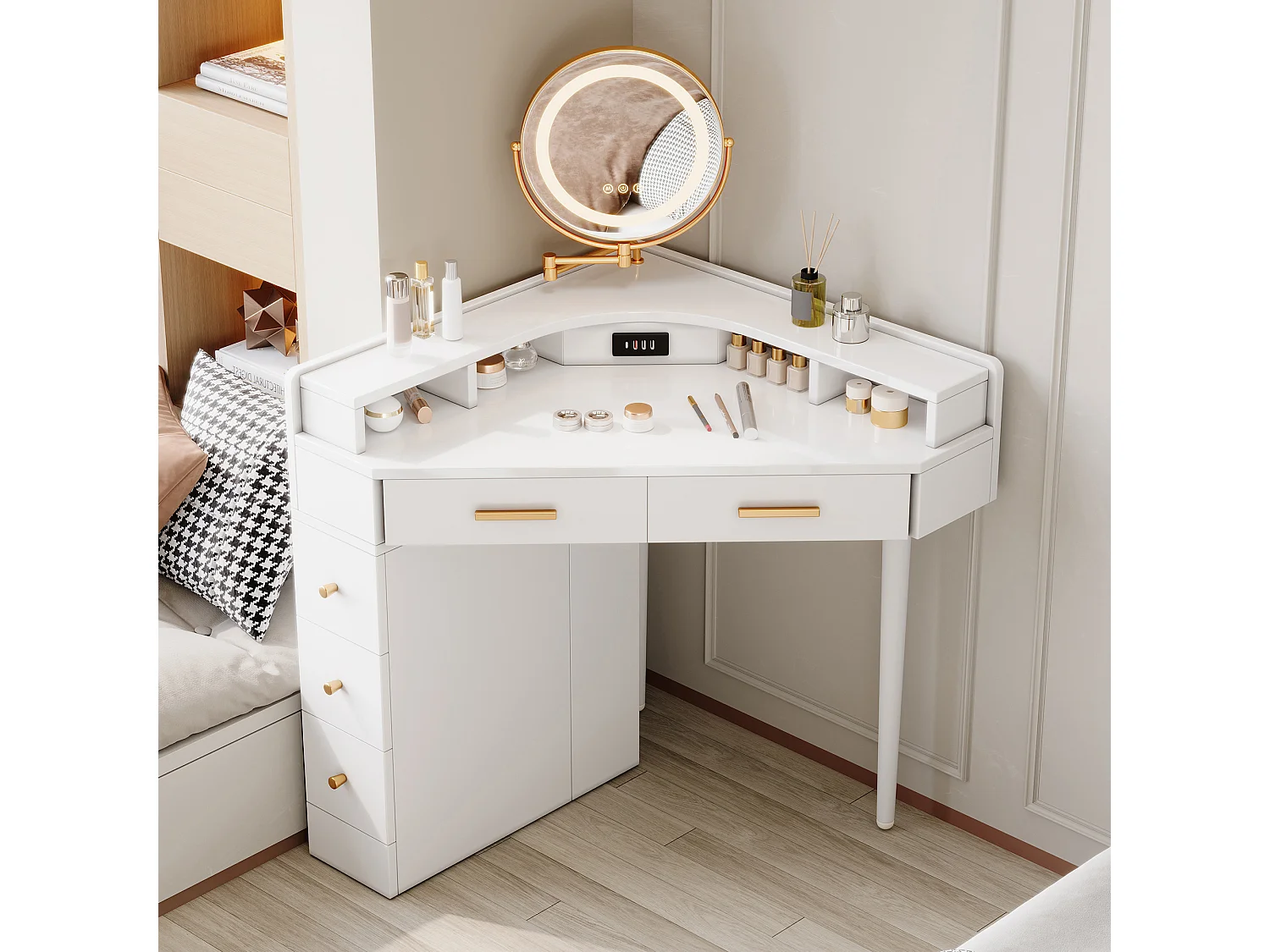 Moderne hoekkaptafel - 105,5 x 75 x 120 cm - met draaibare LED-spiegel + 5 lades + USB-poort - spaanplaat - wit