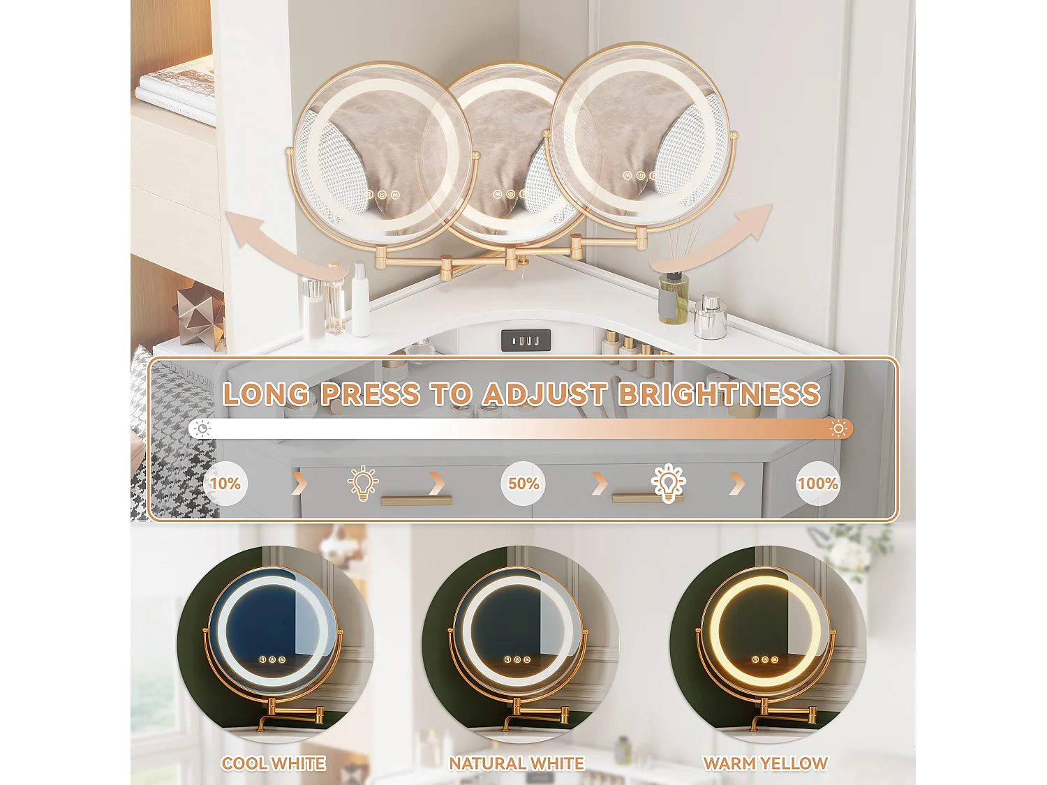 Moderne hoekkaptafel - 105,5 x 75 x 120 cm - met draaibare LED-spiegel + 5 lades + USB-poort - spaanplaat - wit