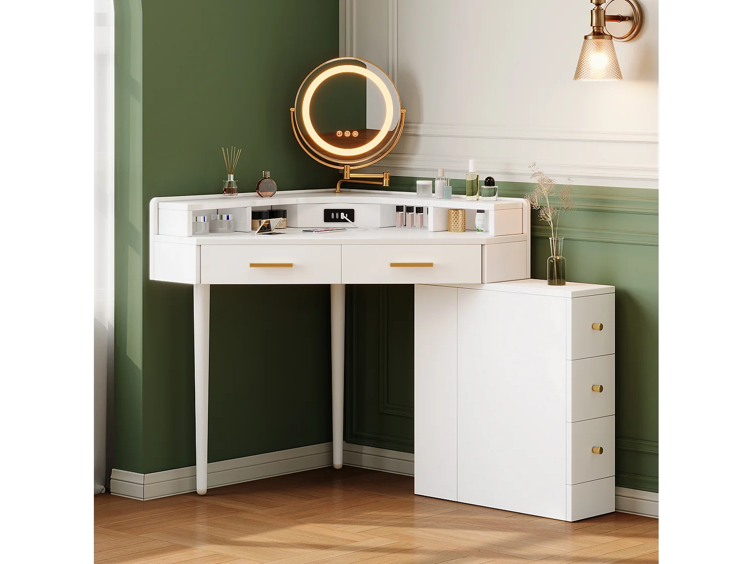 Moderne hoekkaptafel - 105,5 x 75 x 120 cm - met draaibare LED-spiegel + 5 lades + USB-poort - spaanplaat - wit