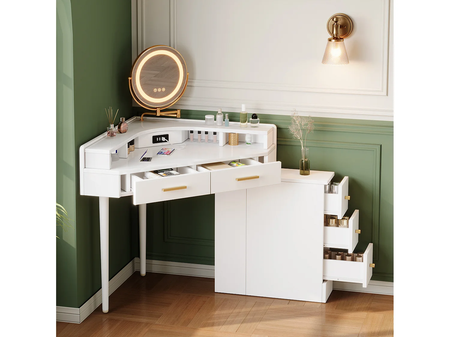 Moderne hoekkaptafel - 105,5 x 75 x 120 cm - met draaibare LED-spiegel + 5 lades + USB-poort - spaanplaat - wit