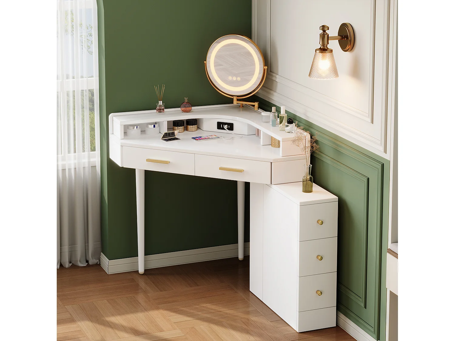 Moderne hoekkaptafel - 105,5 x 75 x 120 cm - met draaibare LED-spiegel + 5 lades + USB-poort - spaanplaat - wit