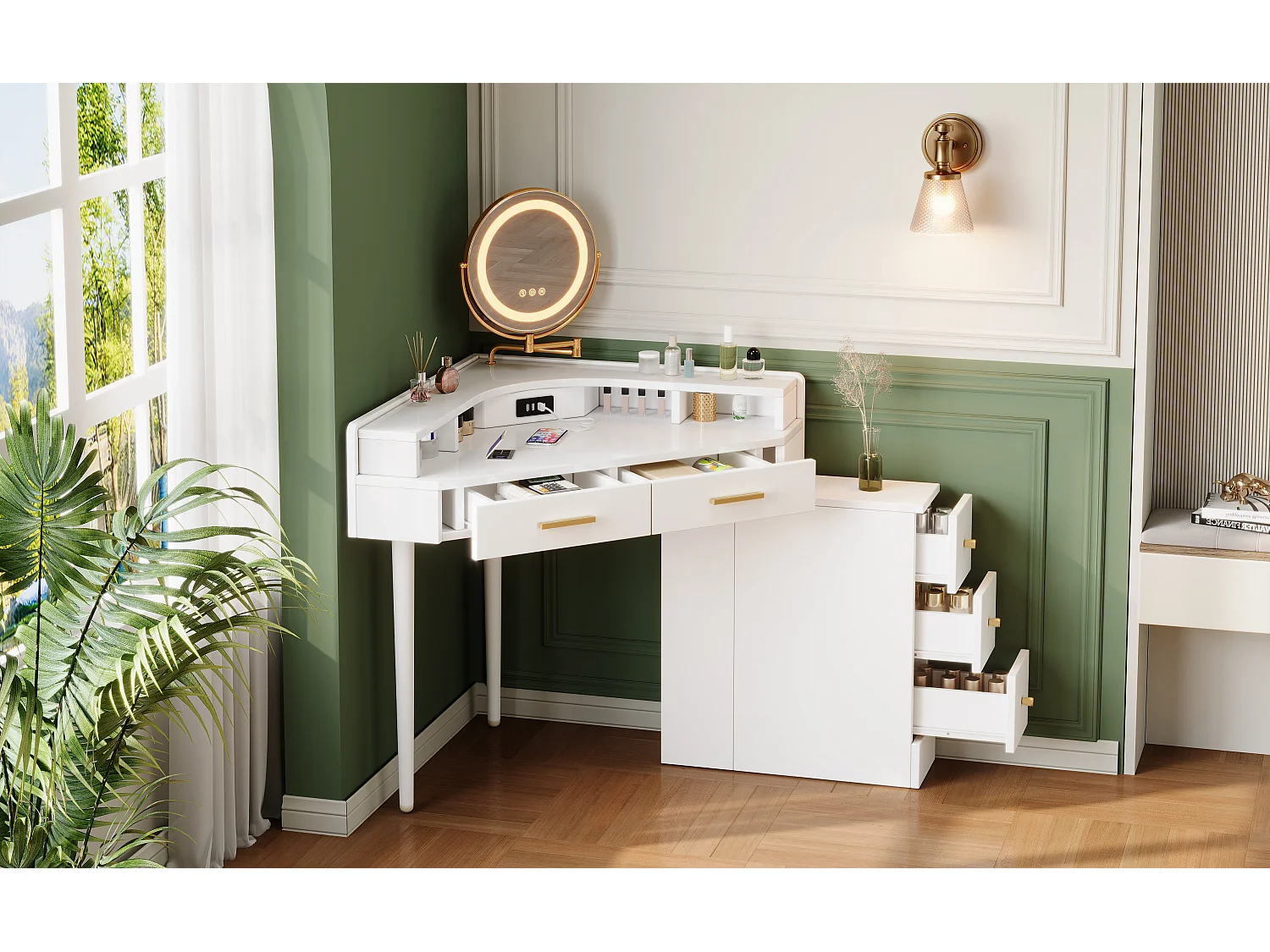 Moderne hoekkaptafel - 105,5 x 75 x 120 cm - met draaibare LED-spiegel + 5 lades + USB-poort - spaanplaat - wit