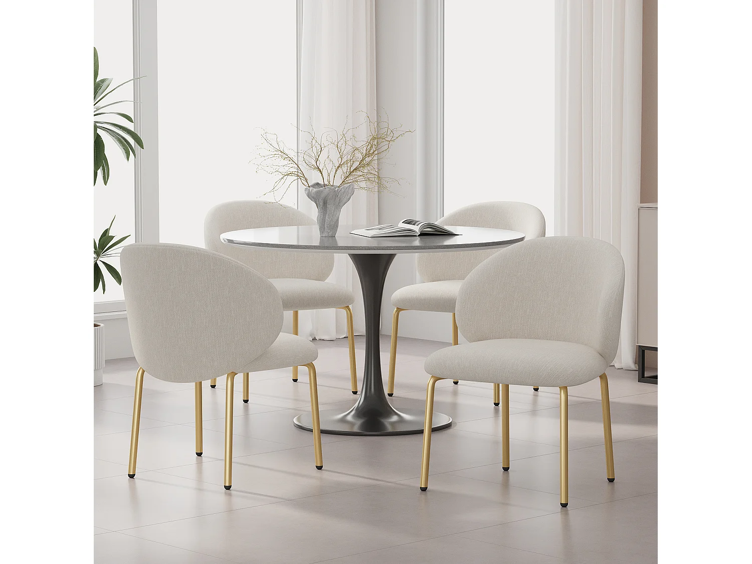 Set van 4 eetkamerstoelen - 47,5 x 56 x 74 cm - kaptafelstoel - gouden poten - chenille - beige