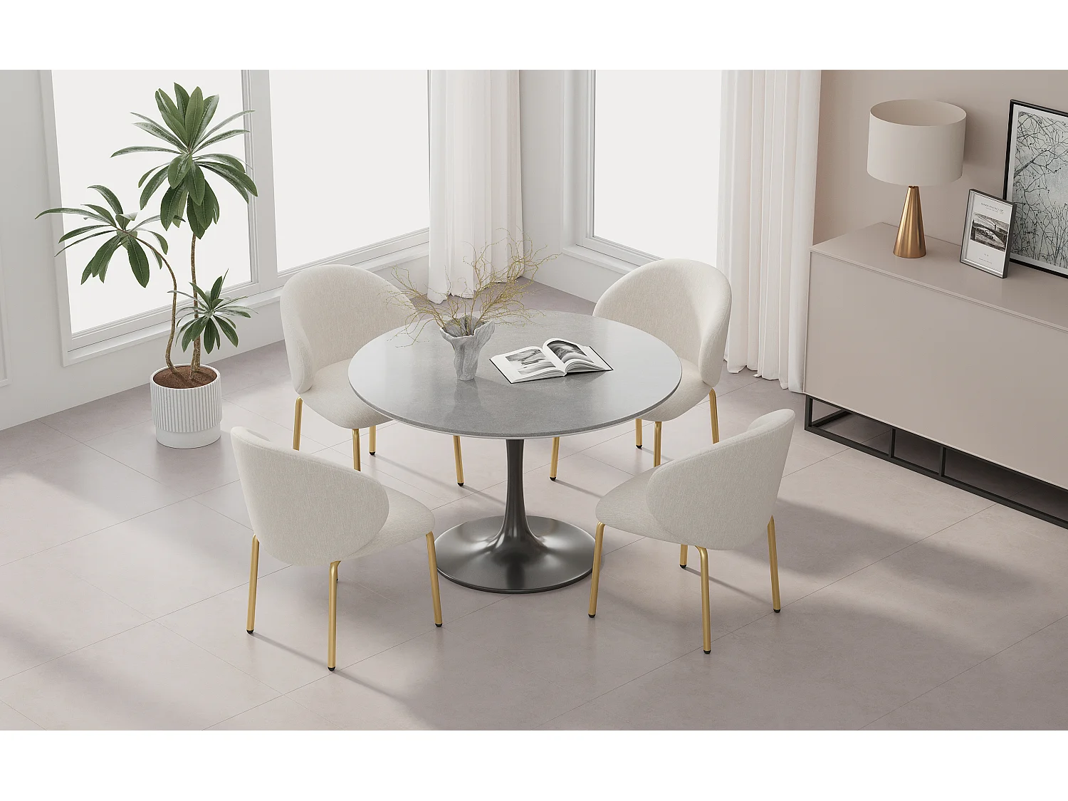 Set van 4 eetkamerstoelen - 47,5 x 56 x 74 cm - kaptafelstoel - gouden poten - chenille - beige