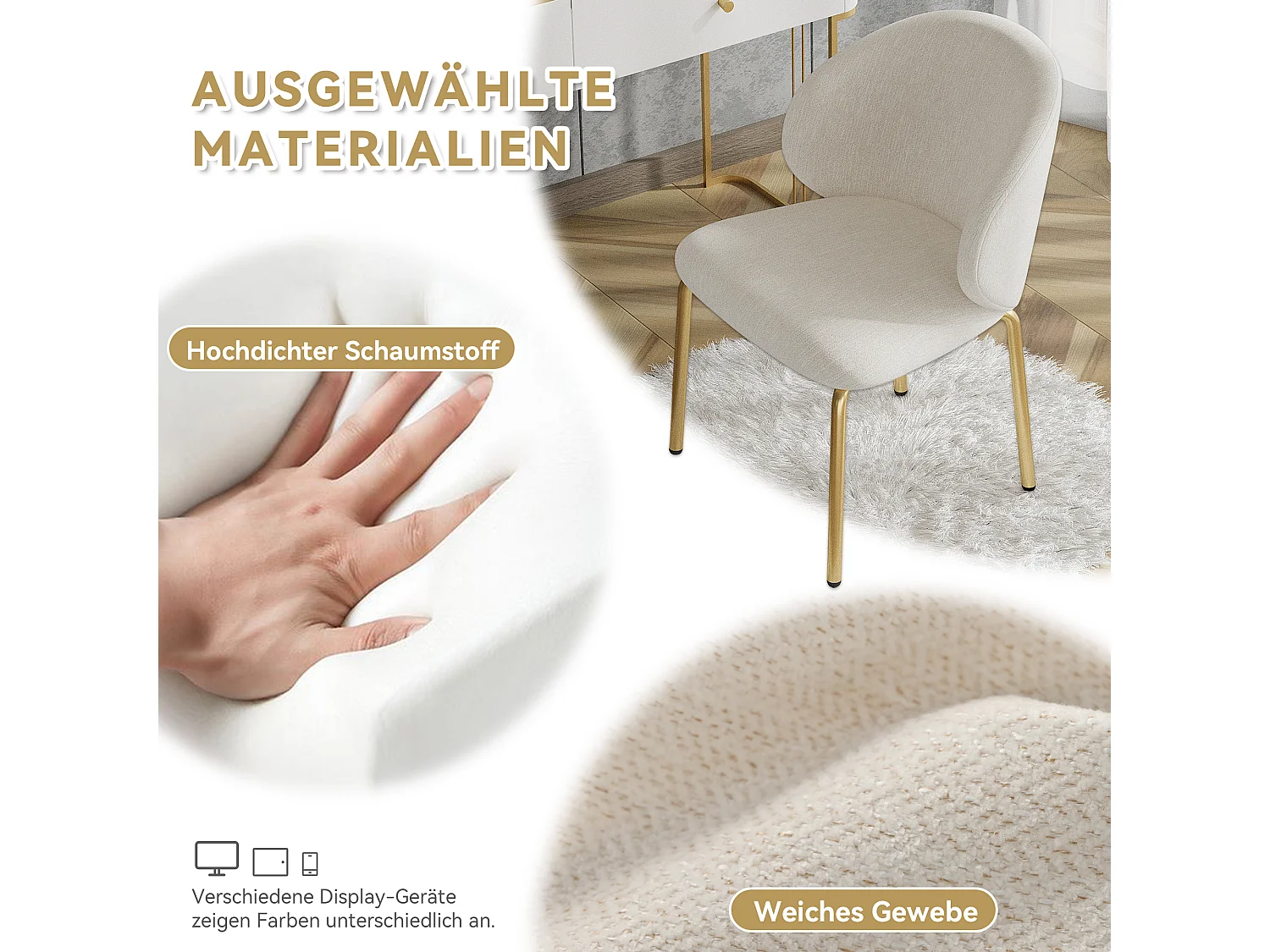 Set van 4 eetkamerstoelen - 47,5 x 56 x 74 cm - kaptafelstoel - gouden poten - chenille - beige
