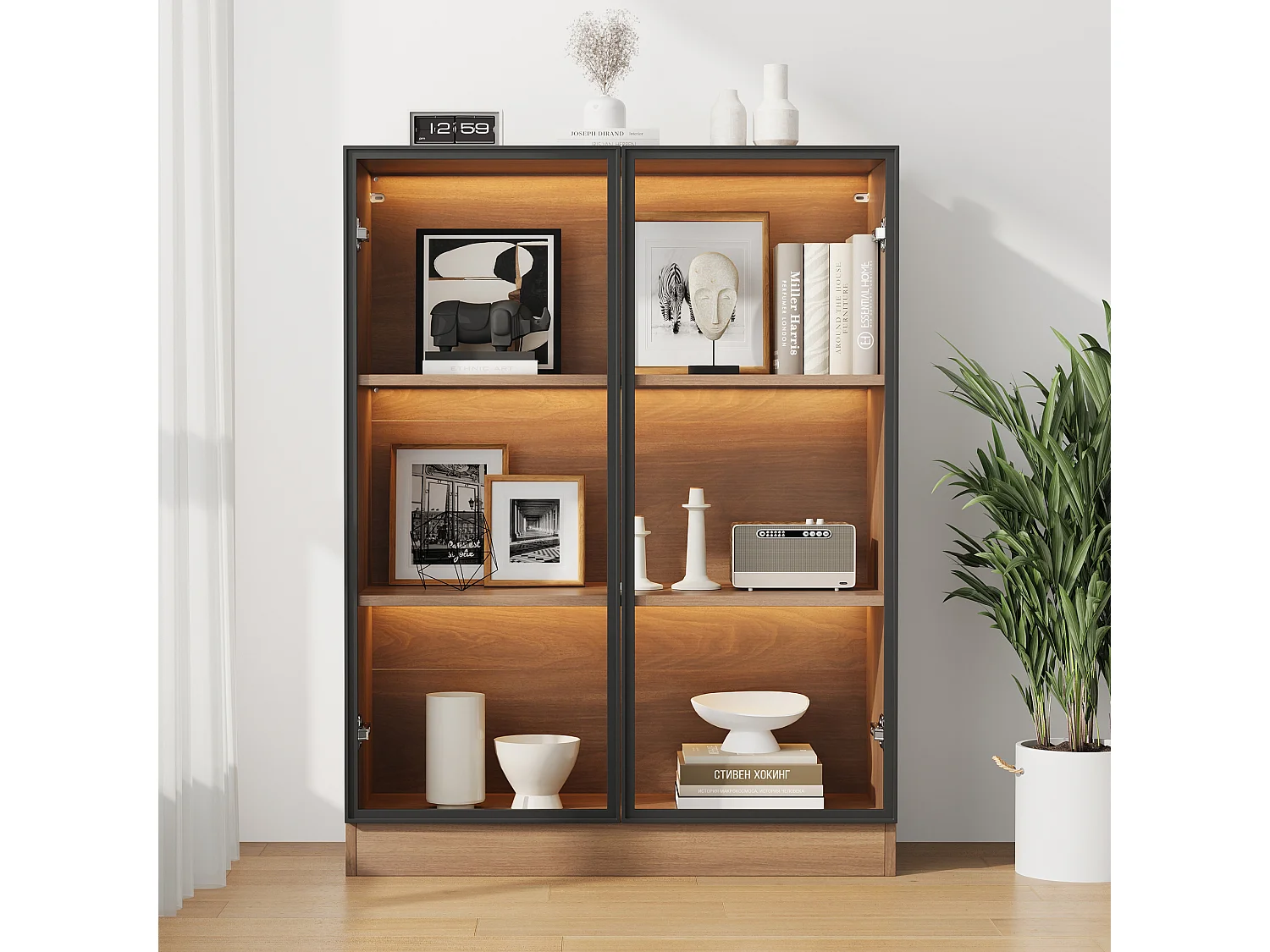 Witryna z 2 drzwiami szklanymi - 80 x 32 x 106 cm - z 3-poziomowymi półkami + diody LED - płyta wiórowa + szkło - orzech