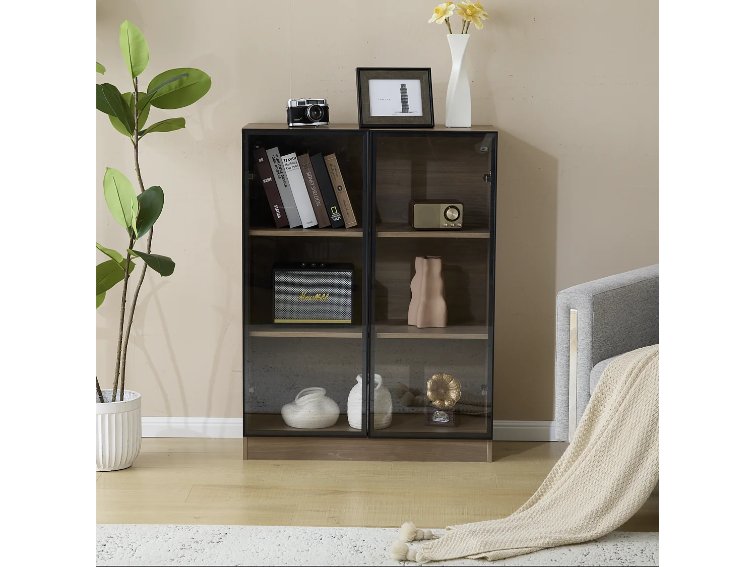 Vitrine avec 2 portes en verre - 80 x 32 x 106 cm - avec étagères à 3 niveaux + Leds - aggloméré + verre - Noyer