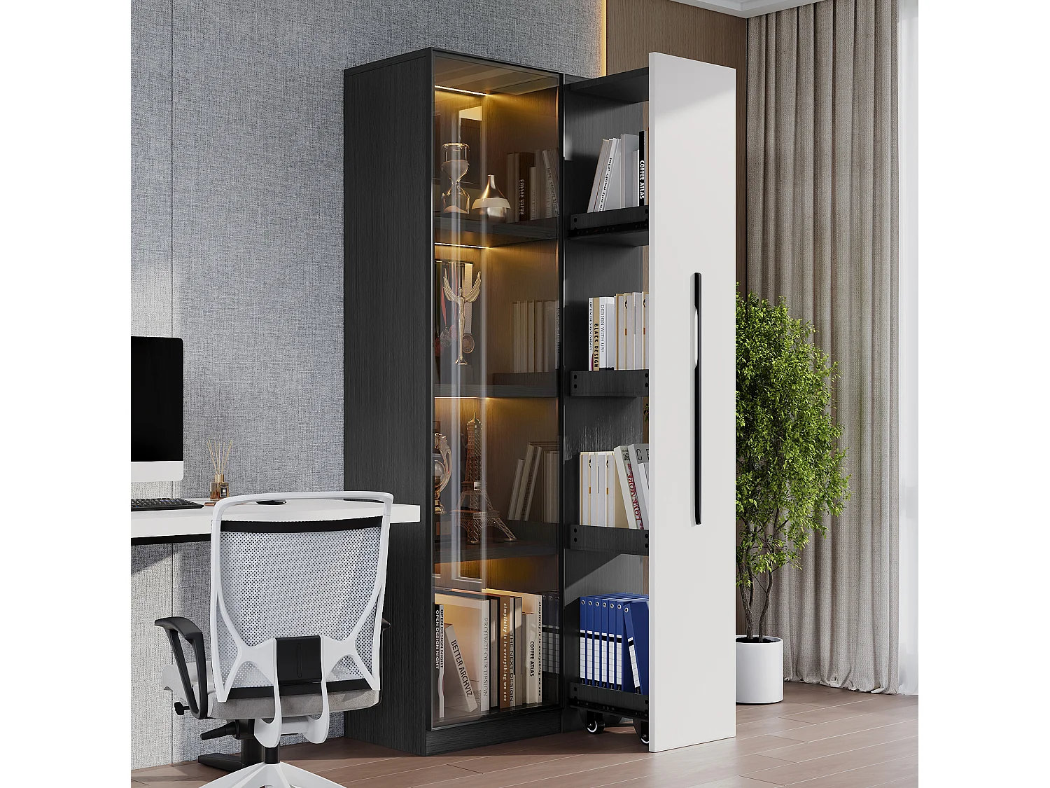 Vitrine avec porte vitrée et Leds - 70 x 40 x 160 cm - avec bibliothèque latéral coulissant - MDF - noir + blanc