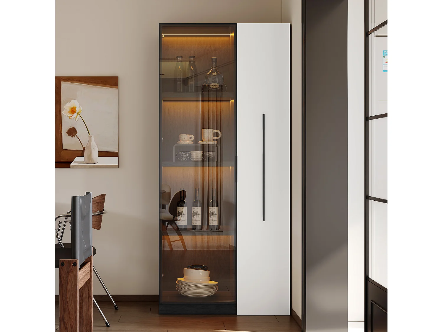 Vitrine avec porte vitrée et Leds - 70 x 40 x 160 cm - avec bibliothèque latéral coulissant - MDF - noir + blanc