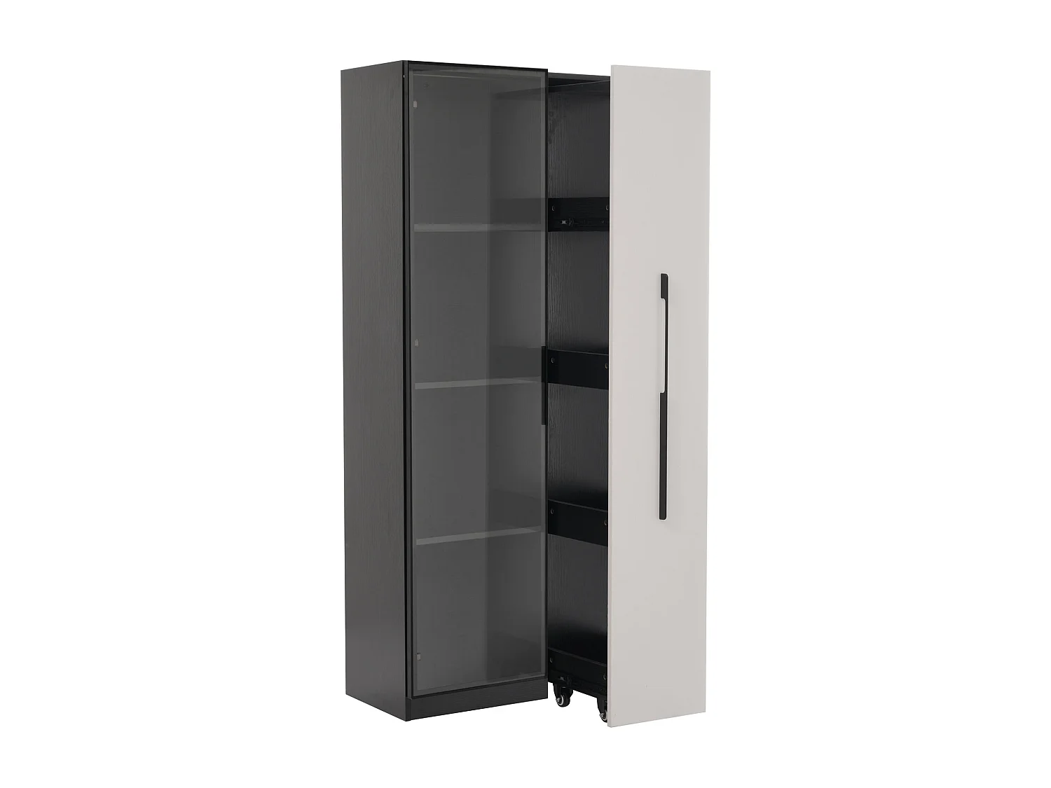 Vitrine avec porte vitrée et Leds - 70 x 40 x 160 cm - avec bibliothèque latéral coulissant - MDF - noir + blanc