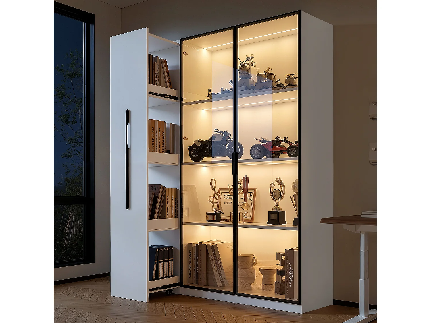 Vitrine mit Glastür und LED-Beleuchtung – 110,5 x 35 x 160 cm – mit ausziehbarem Seitenboden – MDF – weiß