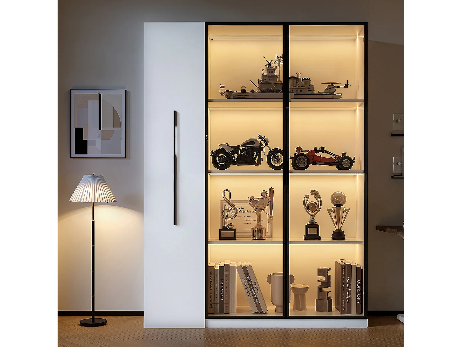 Vitrine mit Glastür und LED-Beleuchtung – 110,5 x 35 x 160 cm – mit ausziehbarem Seitenboden – MDF – weiß
