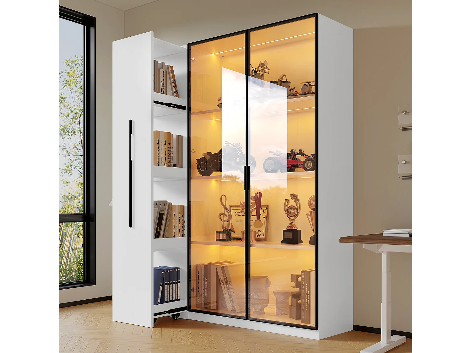 Vitrine mit Glastür und LED-Beleuchtung – 110,5 x 35 x 160 cm – mit ausziehbarem Seitenboden – MDF – weiß