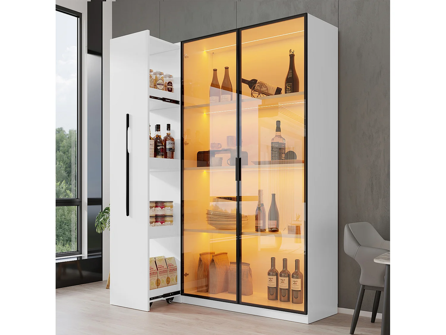 Vitrine mit Glastür und LED-Beleuchtung – 110,5 x 35 x 160 cm – mit ausziehbarem Seitenboden – MDF – weiß