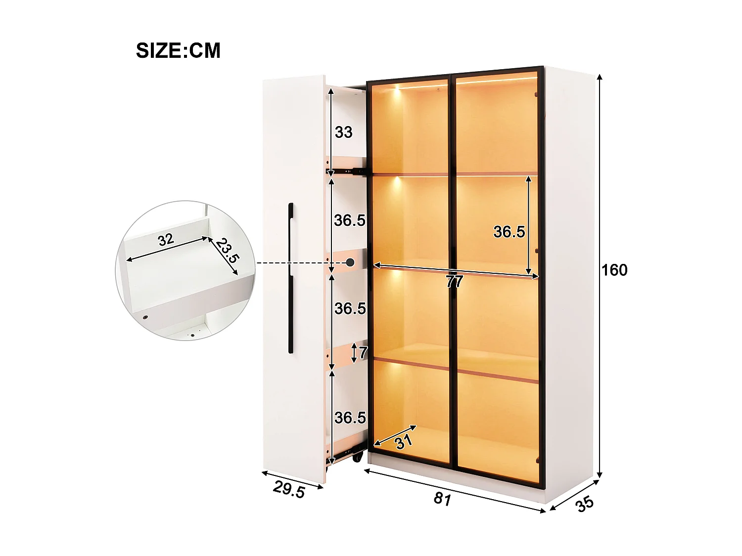 Vitrine mit Glastür und LED-Beleuchtung – 110,5 x 35 x 160 cm – mit ausziehbarem Seitenboden – MDF – weiß