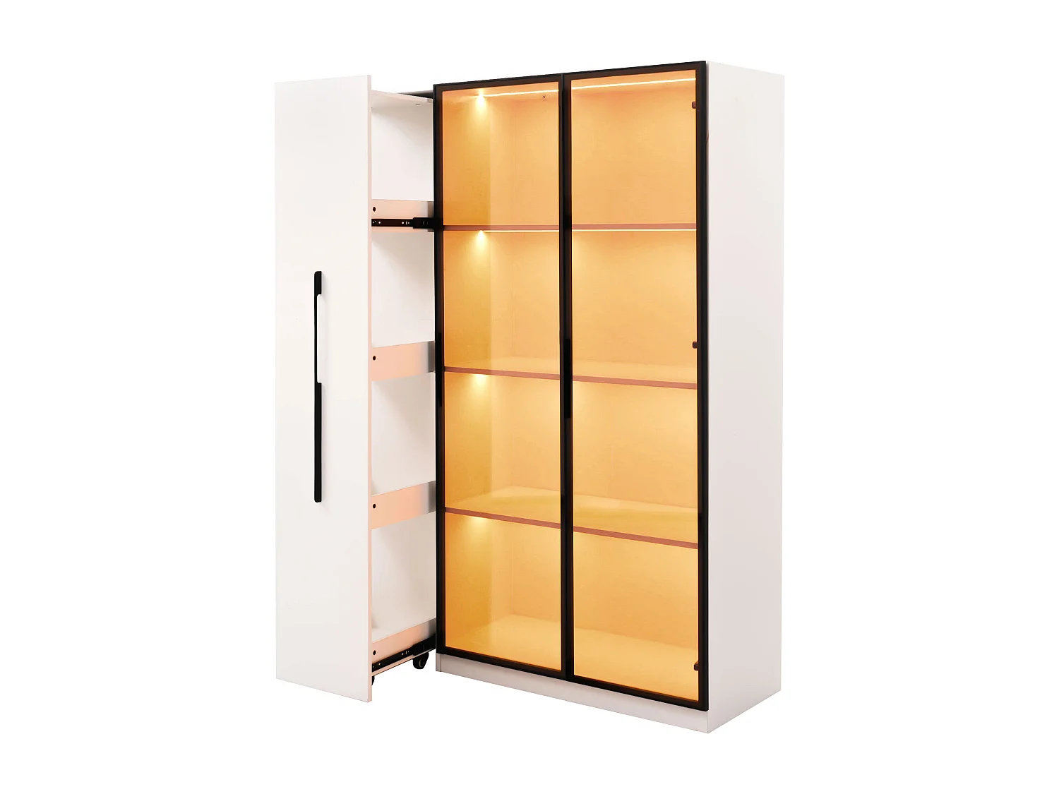 Vitrine mit Glastür und LED-Beleuchtung – 110,5 x 35 x 160 cm – mit ausziehbarem Seitenboden – MDF – weiß