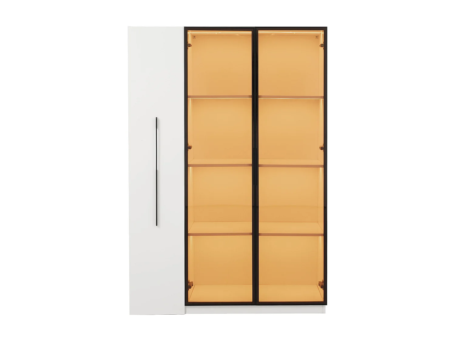 Vitrine mit Glastür und LED-Beleuchtung – 110,5 x 35 x 160 cm – mit ausziehbarem Seitenboden – MDF – weiß
