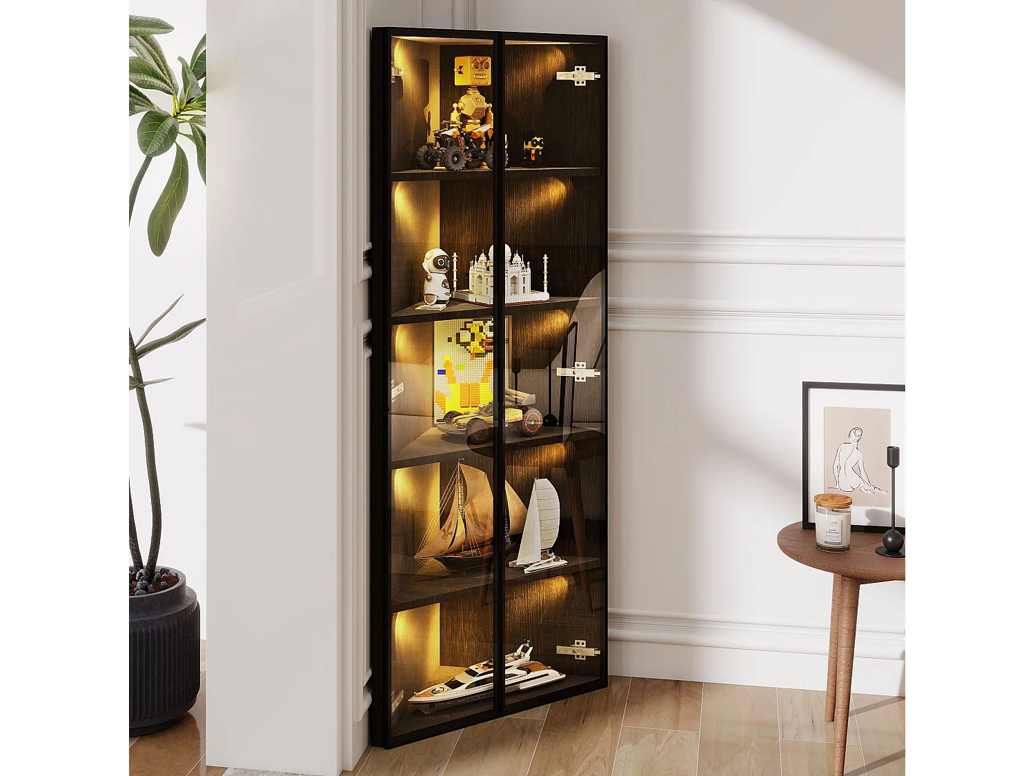 Eckvitrine aus Sicherheitsglas – 62 x 35 x 160 cm – mit LEDs, Staubschutzabdeckung und 2 Türen – MDF und Glas – schwarz