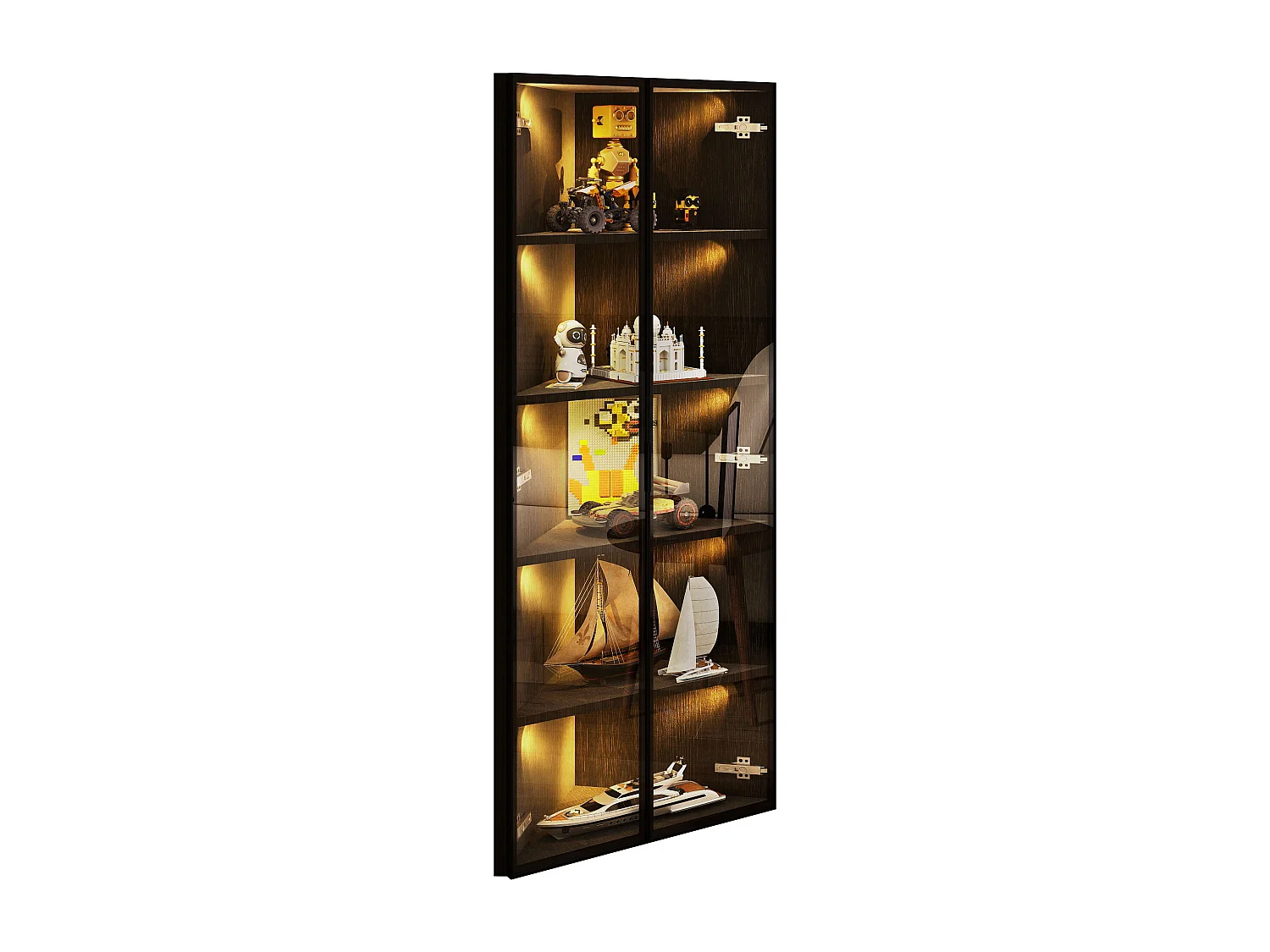 Eckvitrine aus Sicherheitsglas – 62 x 35 x 160 cm – mit LEDs, Staubschutzabdeckung und 2 Türen – MDF und Glas – schwarz