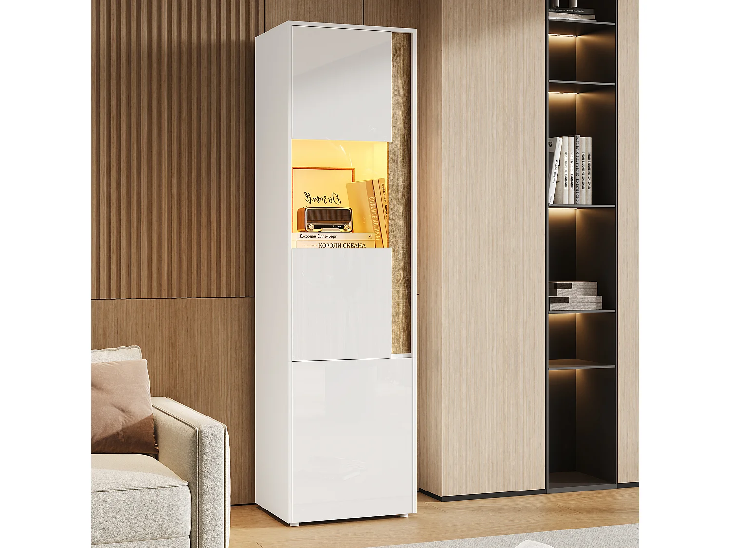 Moderner, hoher Vitrinenschrank – 50 x 40 x 179 cm – mit LEDs und 4 Türen – für Wohnzimmer/Büro – Acryl + Spanplatte – Weiß und Natur